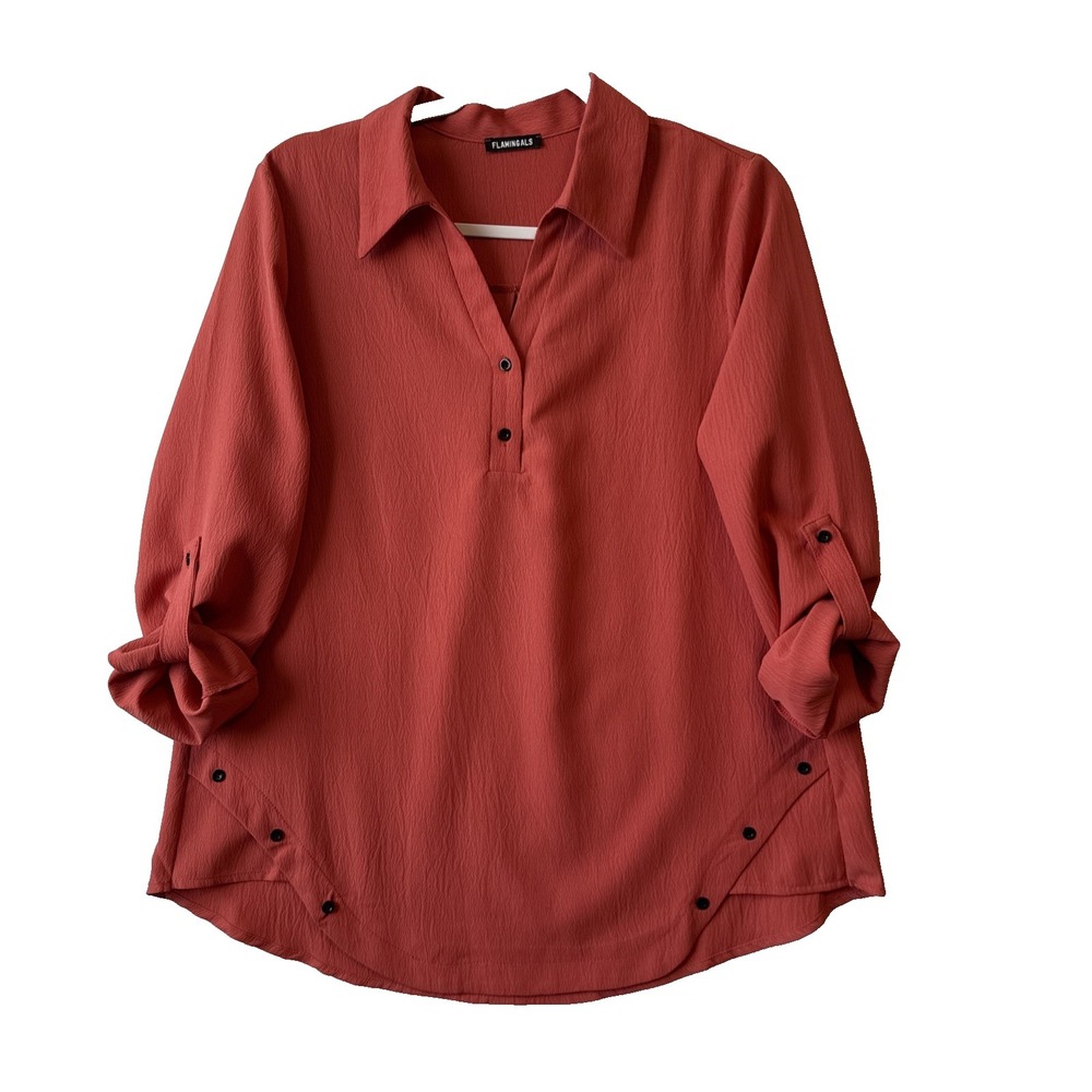 Flamingals‎ Terra Cotta Roll Tab V Neck Button Accent Crinkle Top L Lagenlook